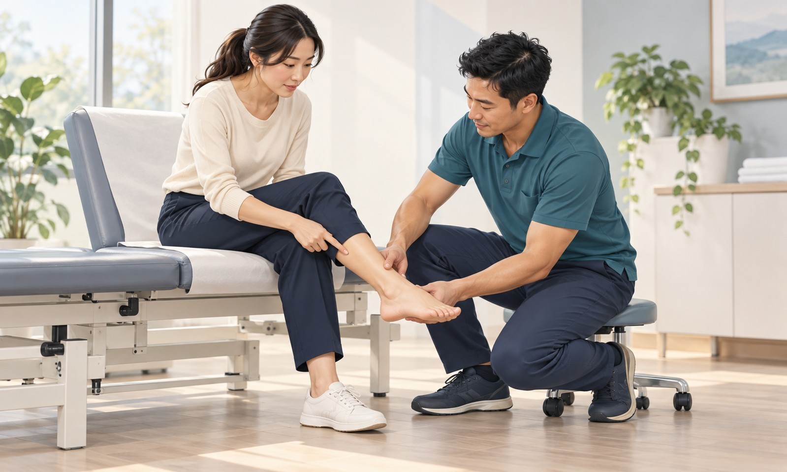 Woman having her lower leg and ankle assessed by a clinician.