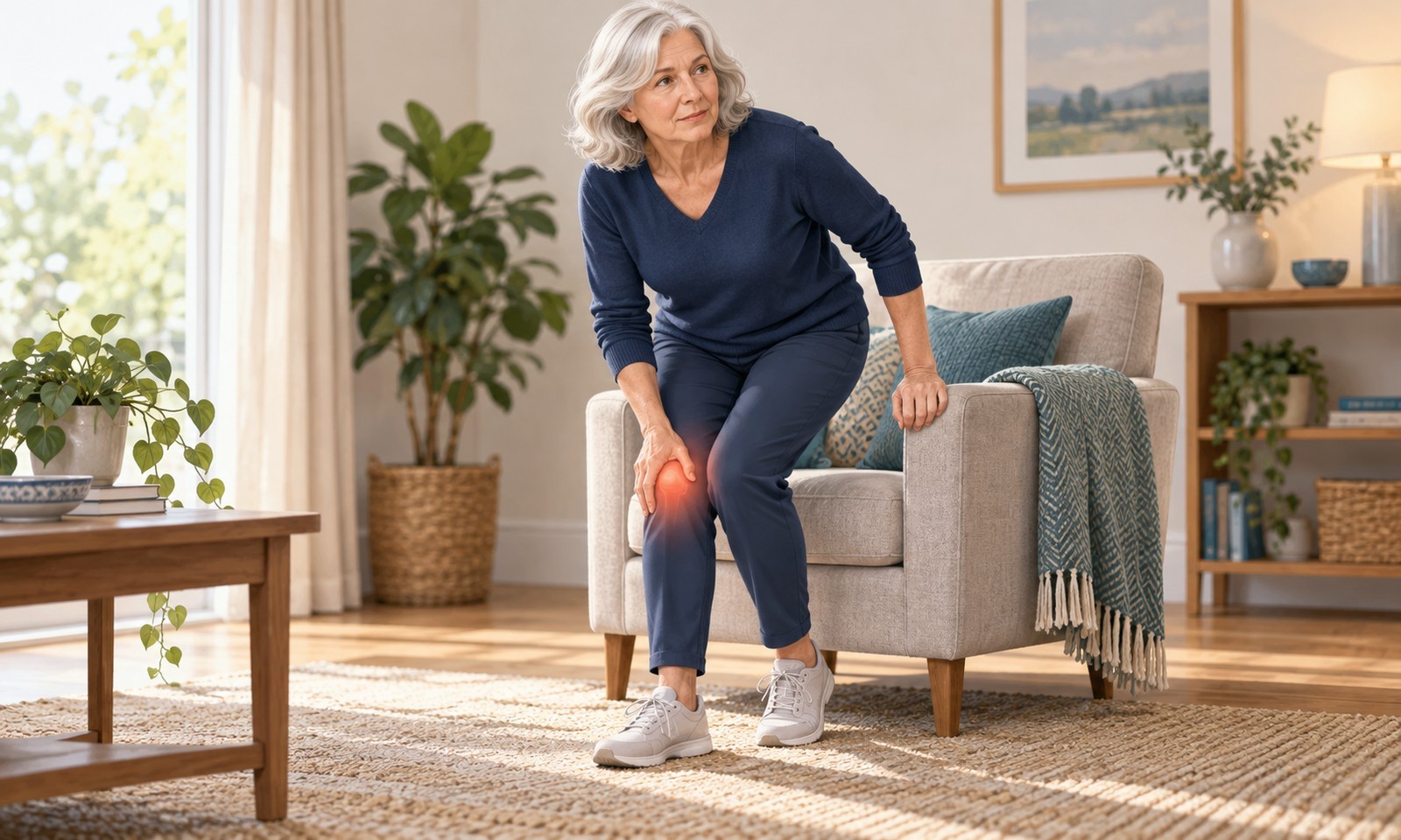 Illustration of an older woman supporting a painful knee as she rises from an armchair.