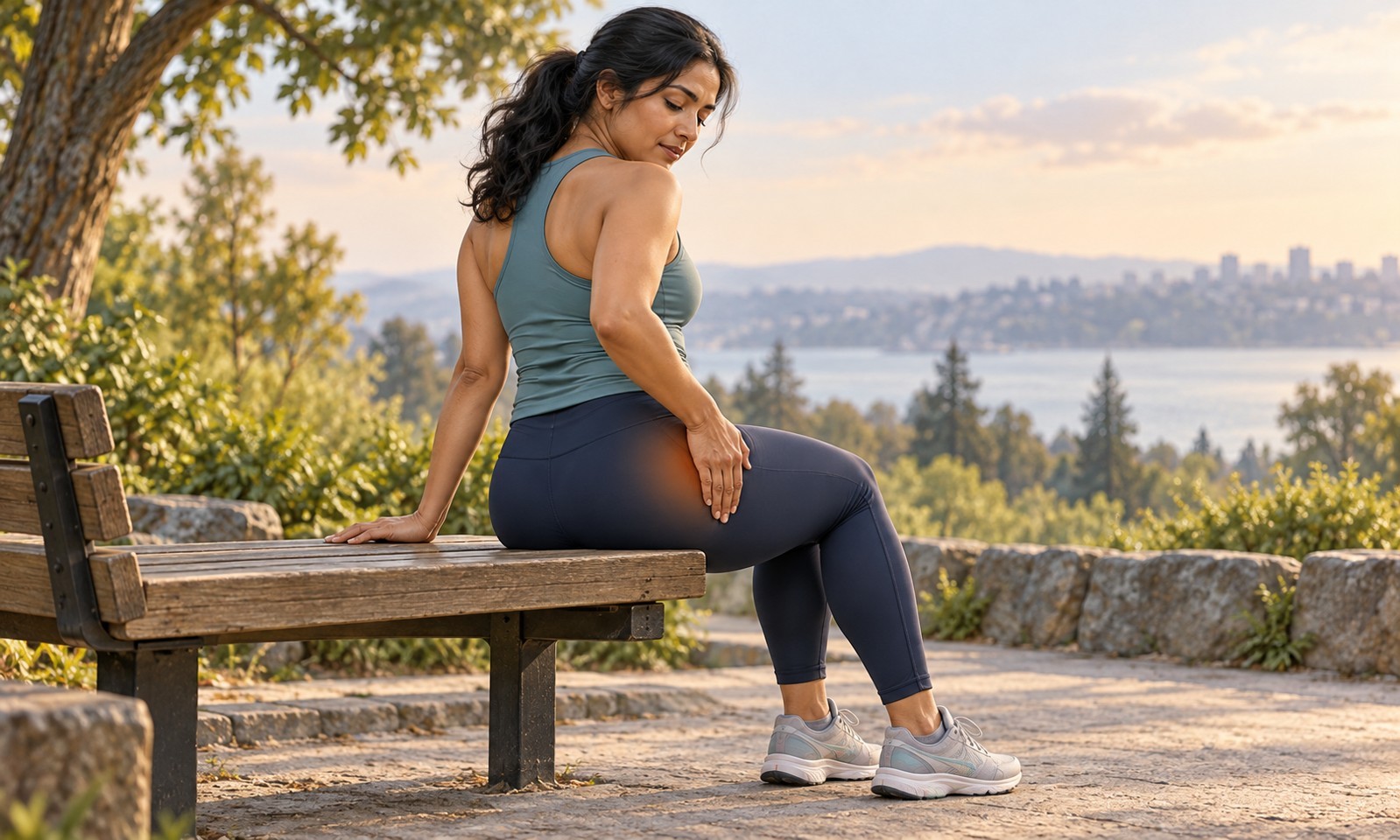 Woman seated on a park bench after a walk, with one hand over the outer buttock and a subtle local symptom highlight.
