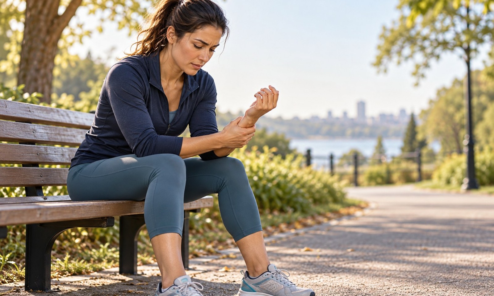 Runner supporting an uncomfortable wrist while seated on a park bench.