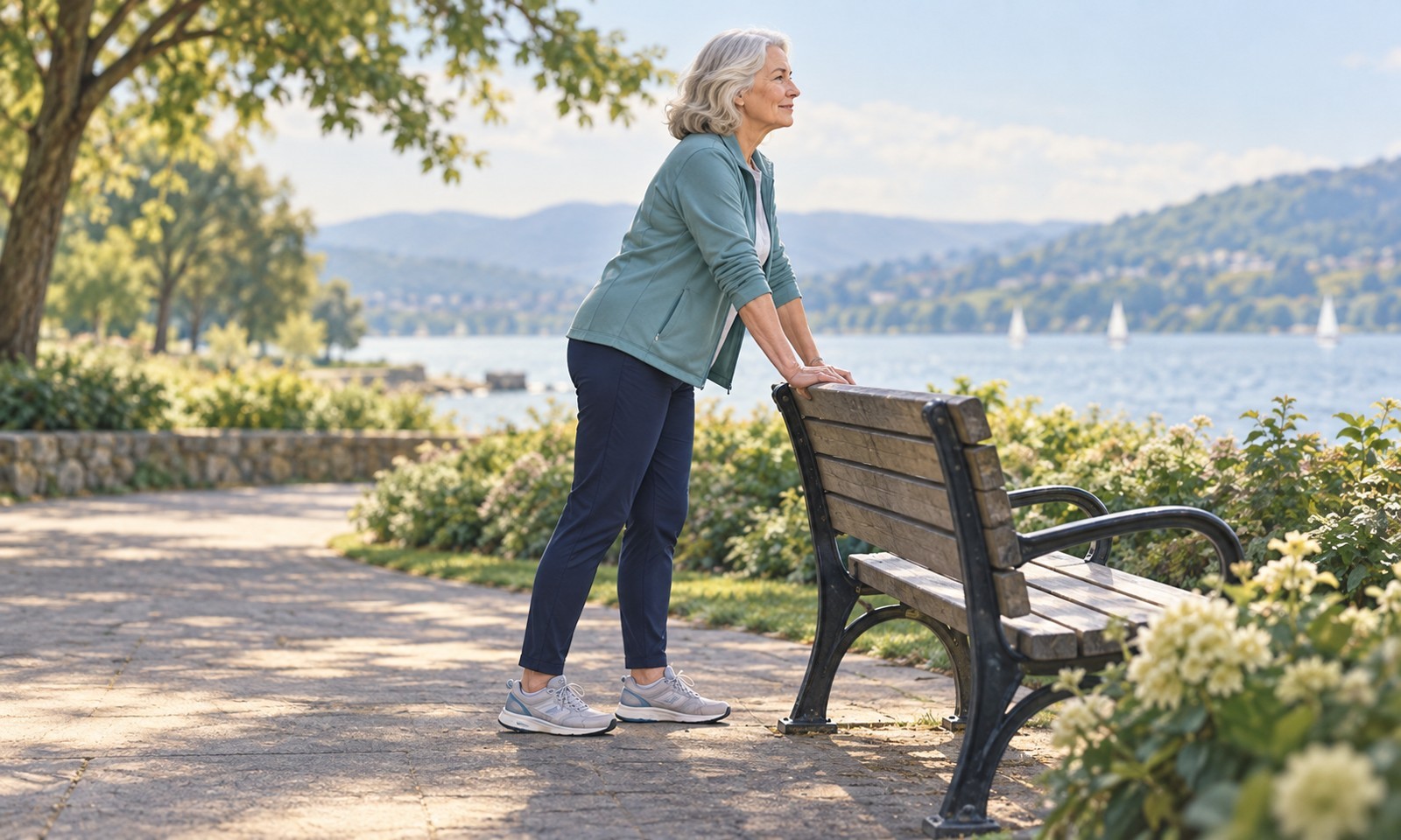 Older woman taking a rest during a walk, leaning gently forward with both hands on a park bench.