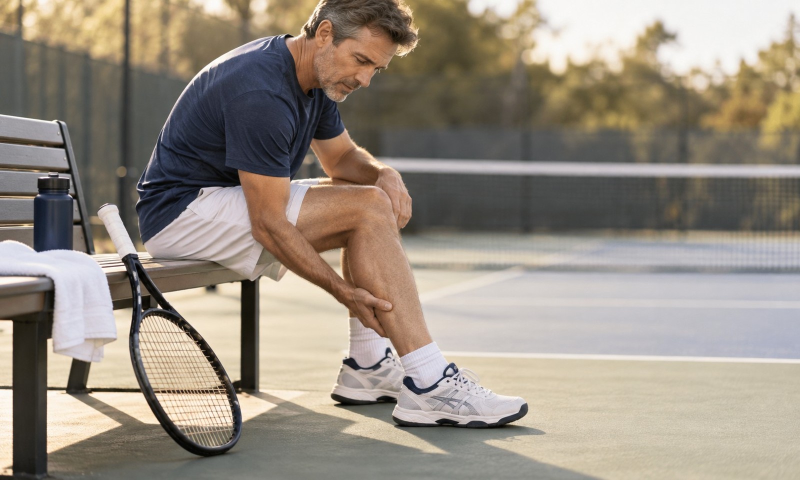 Illustrative image: A middle-aged recreational tennis player seated at the edge of a court after stopping play, one hand gently holding the back of the upper calf, not the Achilles or knee, calm minor discomfort.