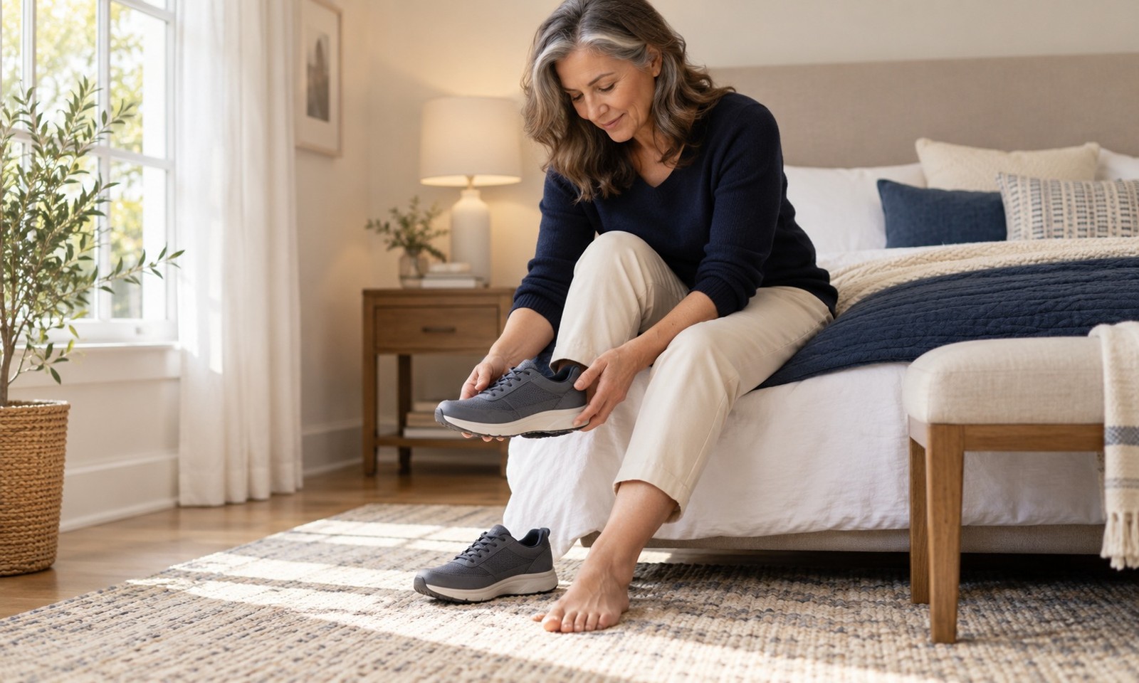 Illustrative image: A mature woman sitting comfortably in a bright bedroom checks a roomy walking shoe beside her bare foot, with a modest visible prominence at the inside base of the big toe and big toe angled gently toward the second toe. No grotesque deformity.
