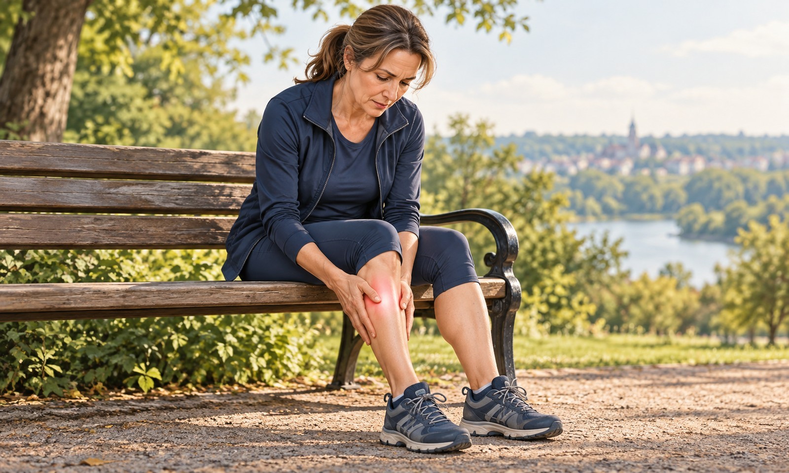 Illustration of a walker holding the upper shin below a painful knee while seated on a bench.