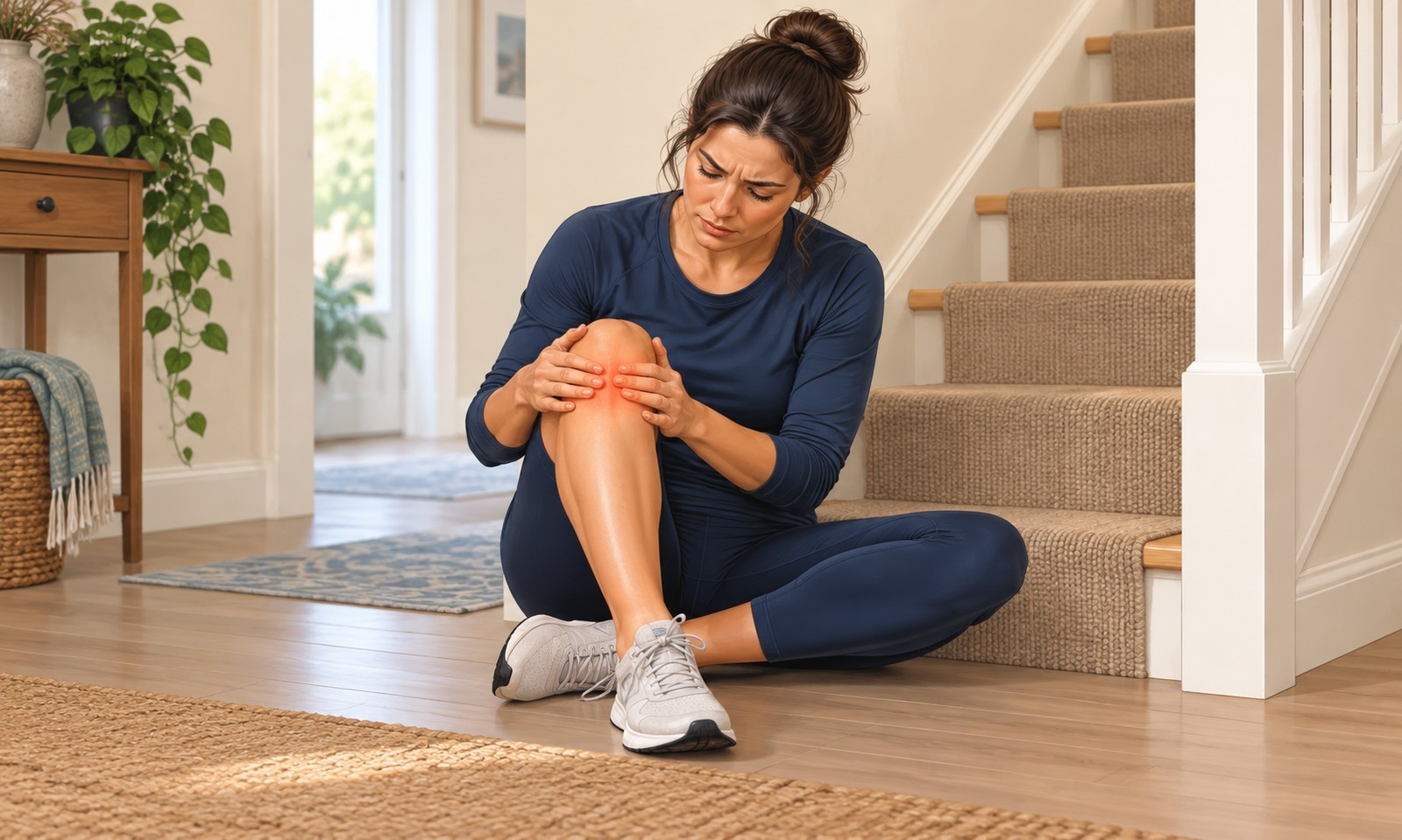 Illustration of a woman holding the front of her bent knee beside stairs.