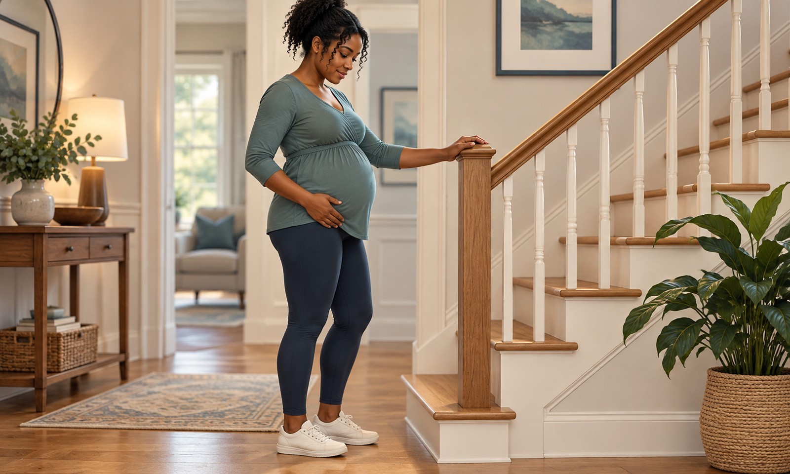 Pregnant woman pausing beside stairs with a hand on the banister, illustrating activity affected by pelvic girdle pain.