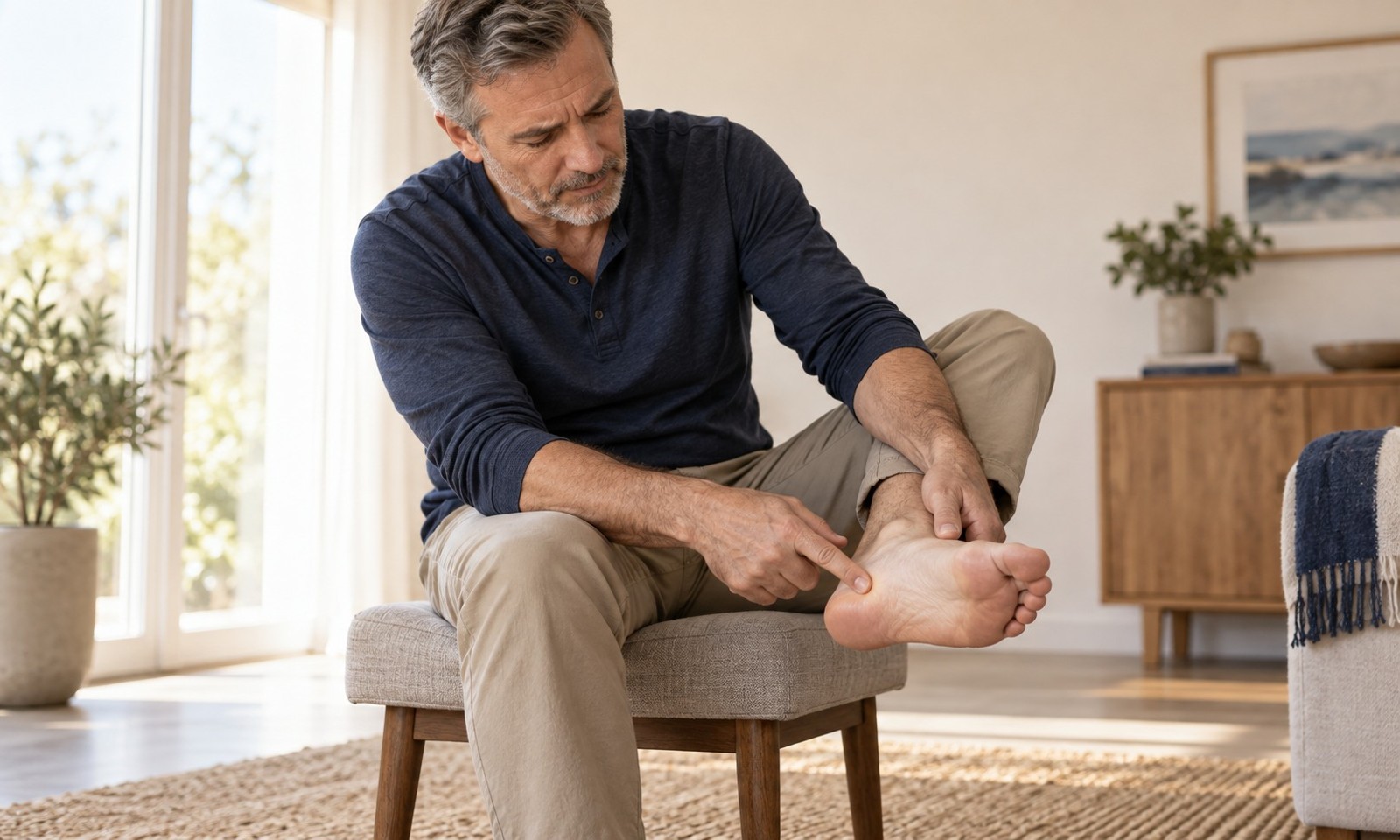 Illustrative image: A middle-aged man seated on a low stool at home points with one finger to the underside of his heel, with the sole visible in a relaxed position. Heel discomfort is the theme.