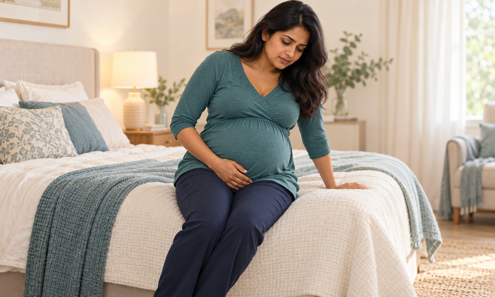 Pregnant woman sitting at the edge of a bed with knees together and a hand over her clothed front pelvis.