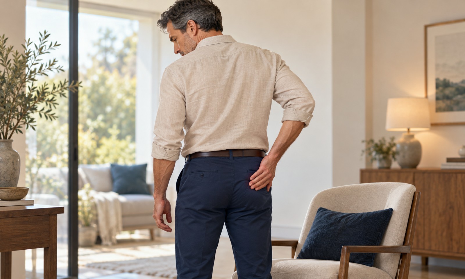 Man standing with one hand over the lower posterior pelvis, representing pain around the sacroiliac area.