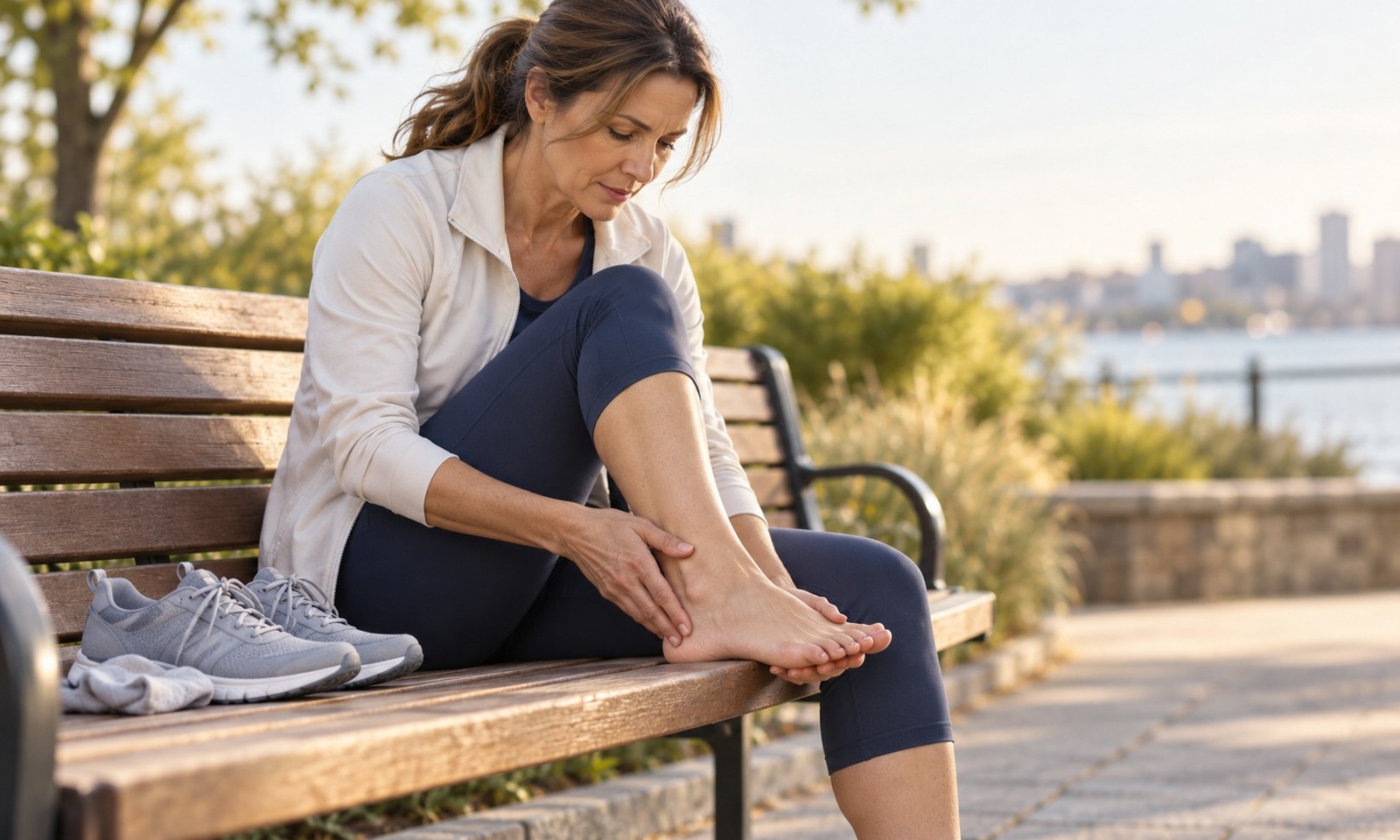 Illustrative image: A middle-aged woman seated on a park bench after walking touches the inside of her ankle and medial arch of the foot, with walking shoes next to her. Clearly show inner rather than outer foot.
