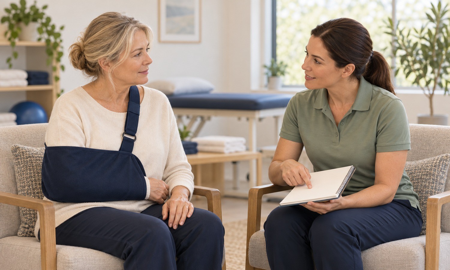 Illustration of a woman in a shoulder sling discussing postoperative rehabilitation with a physiotherapist.