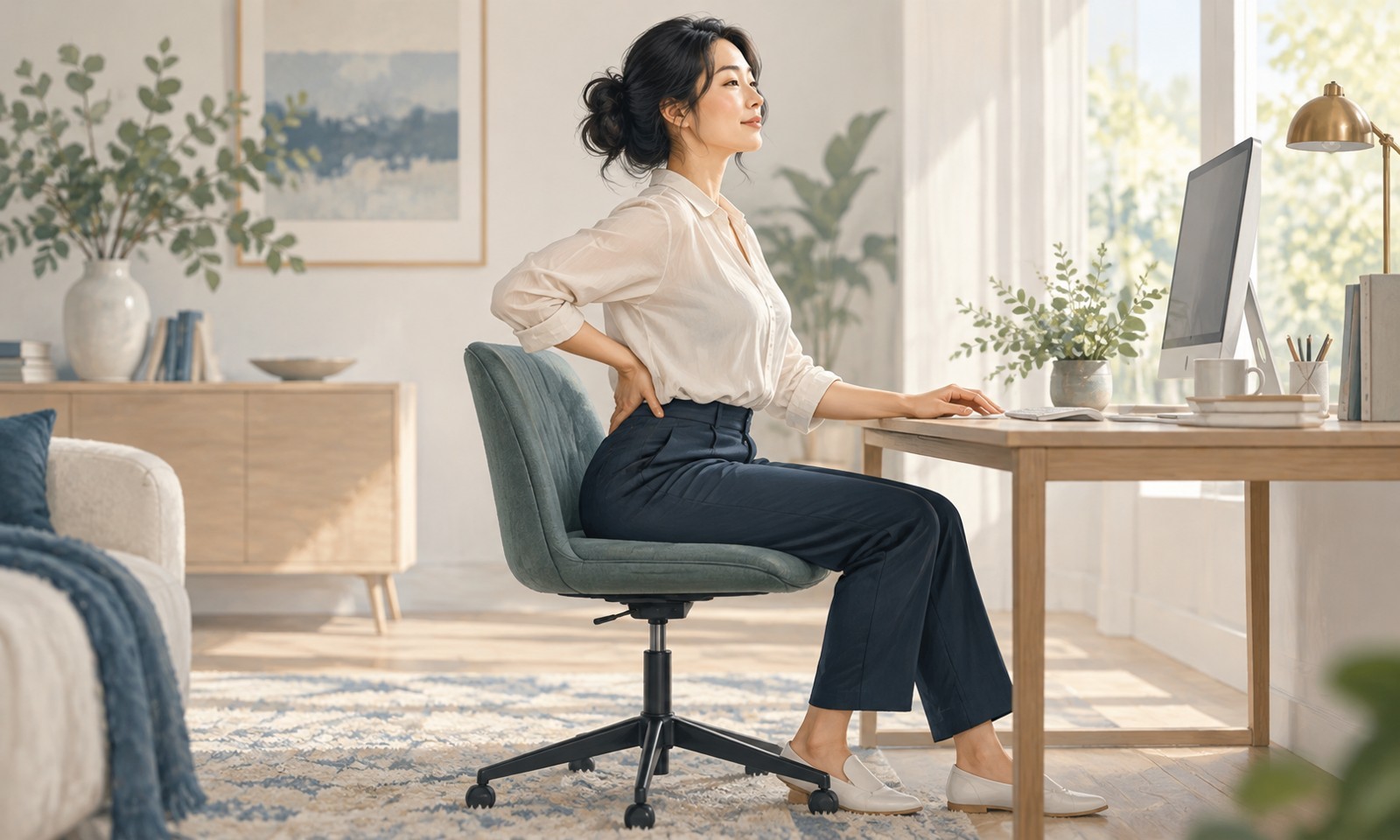 Woman at a desk changing her sitting position with a hand on her lower back.