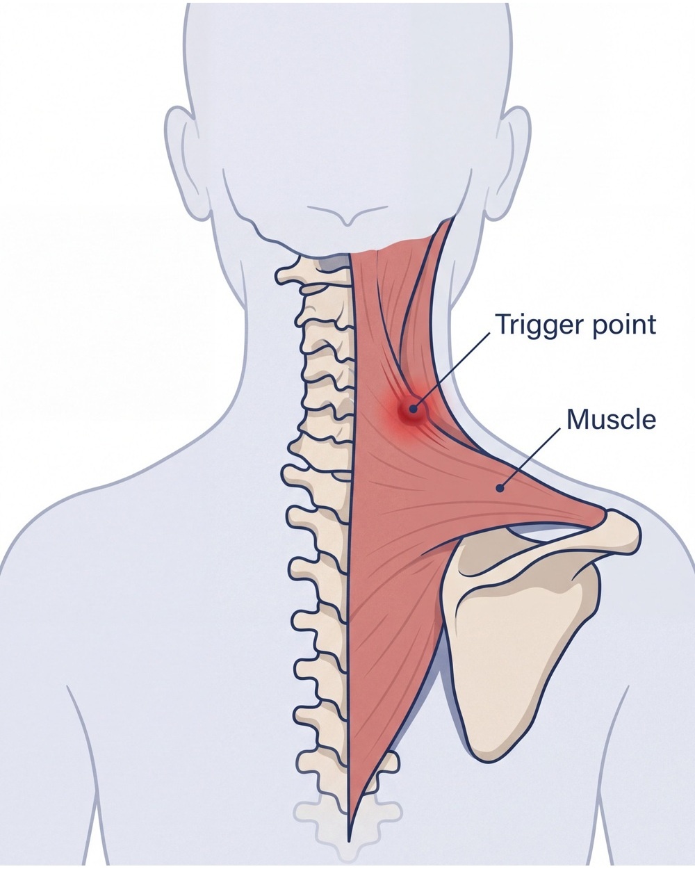 Illustration of the neck and upper shoulder muscle region with a tender-point marker.