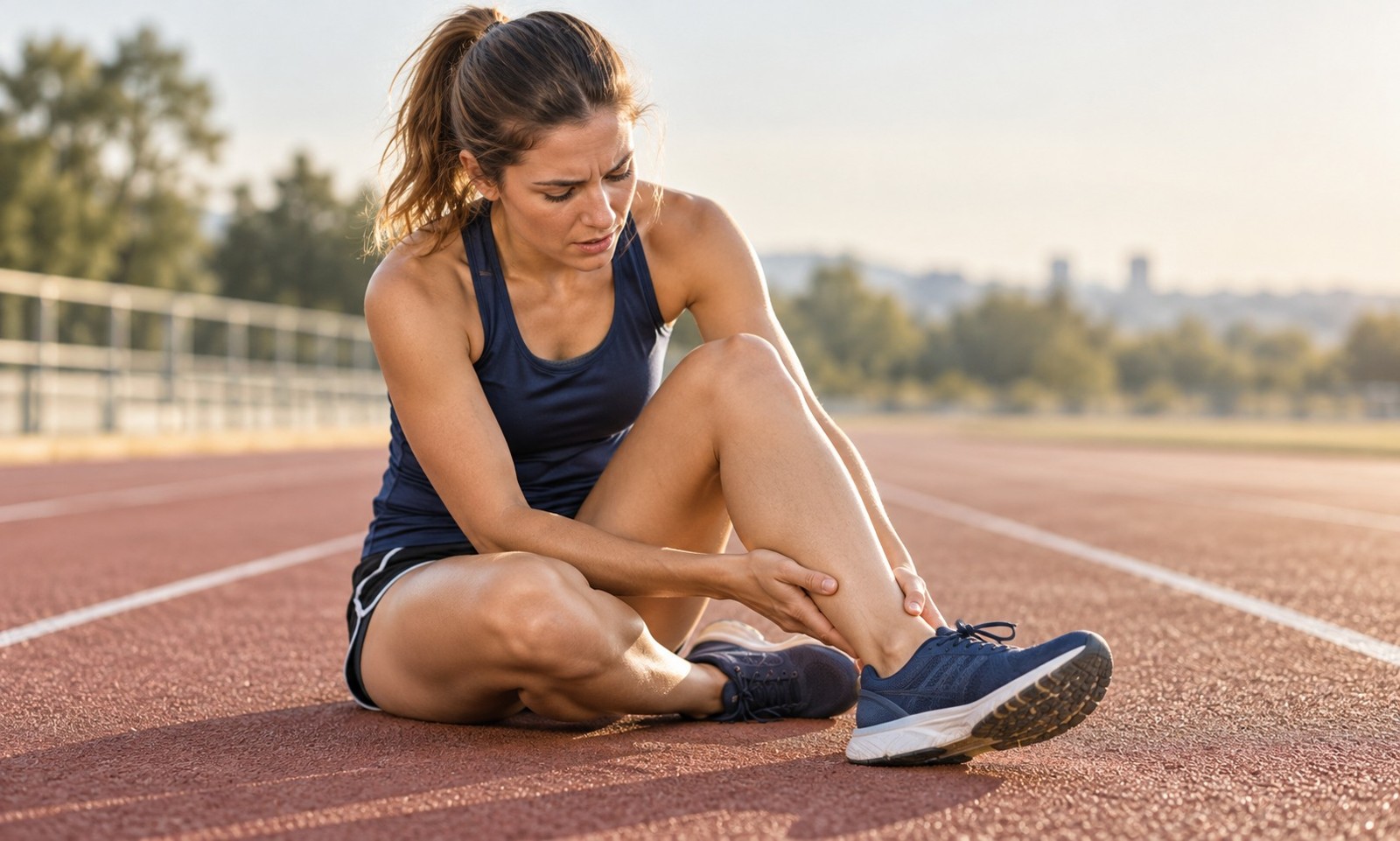 Illustrative image: A female recreational runner has stopped on a running track and gently holds the lower inner edge of her shin above her ankle, showing the characteristic inner shin area without graphic injury.