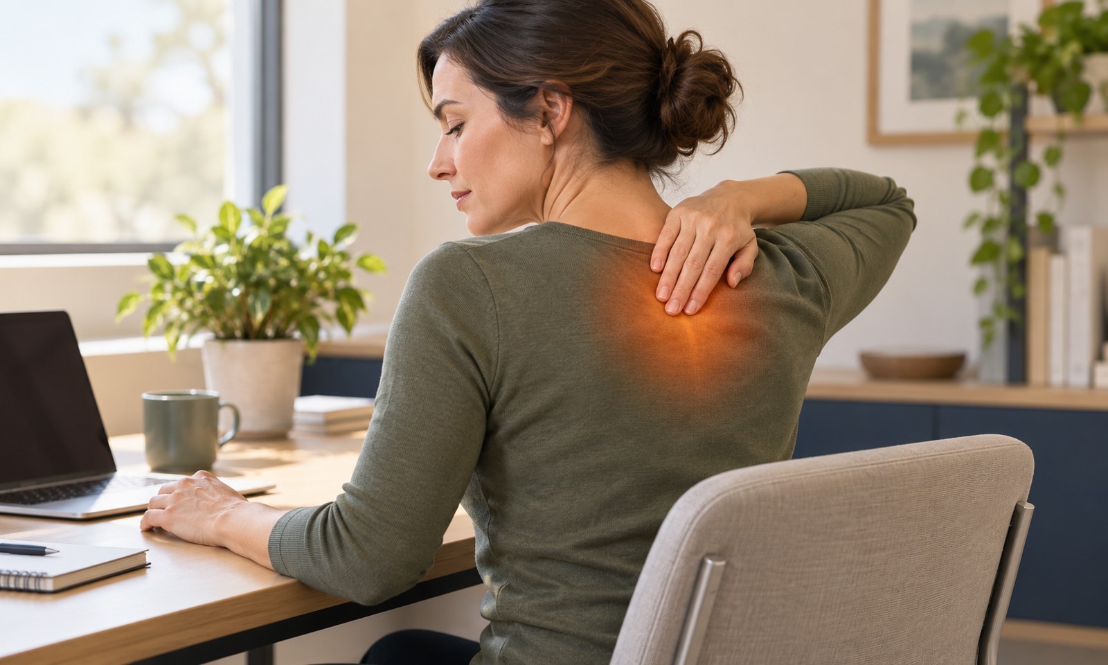Illustration of a woman pausing at a desk and touching discomfort between her shoulder blades.