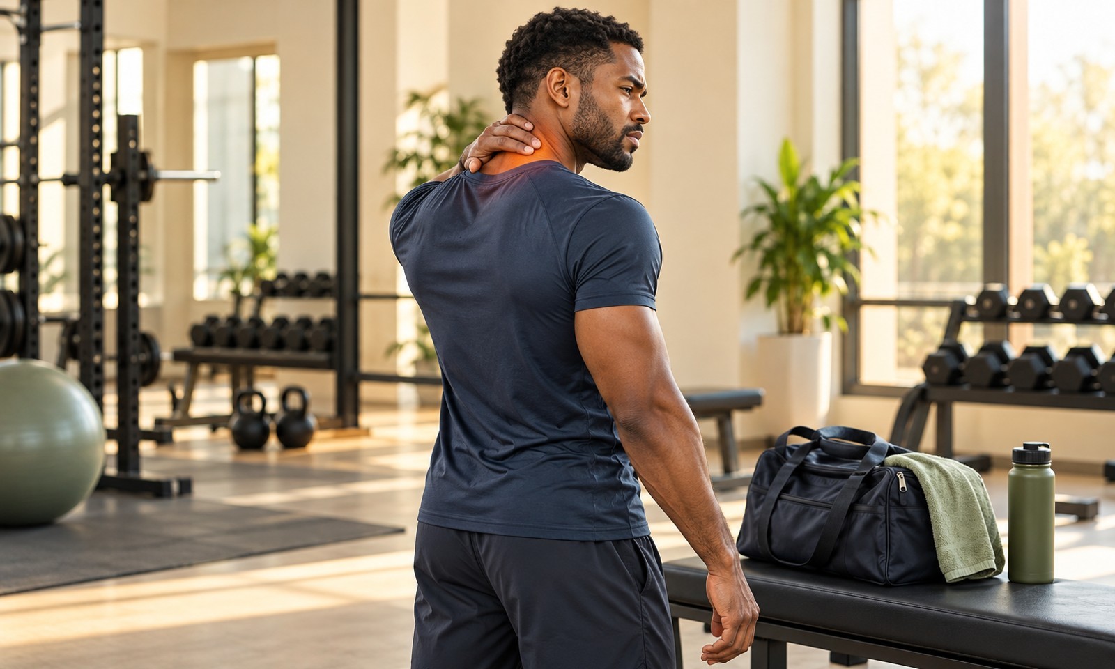 Illustration of a man pausing beside a gym bag and touching a sore muscle at the back of his neck.