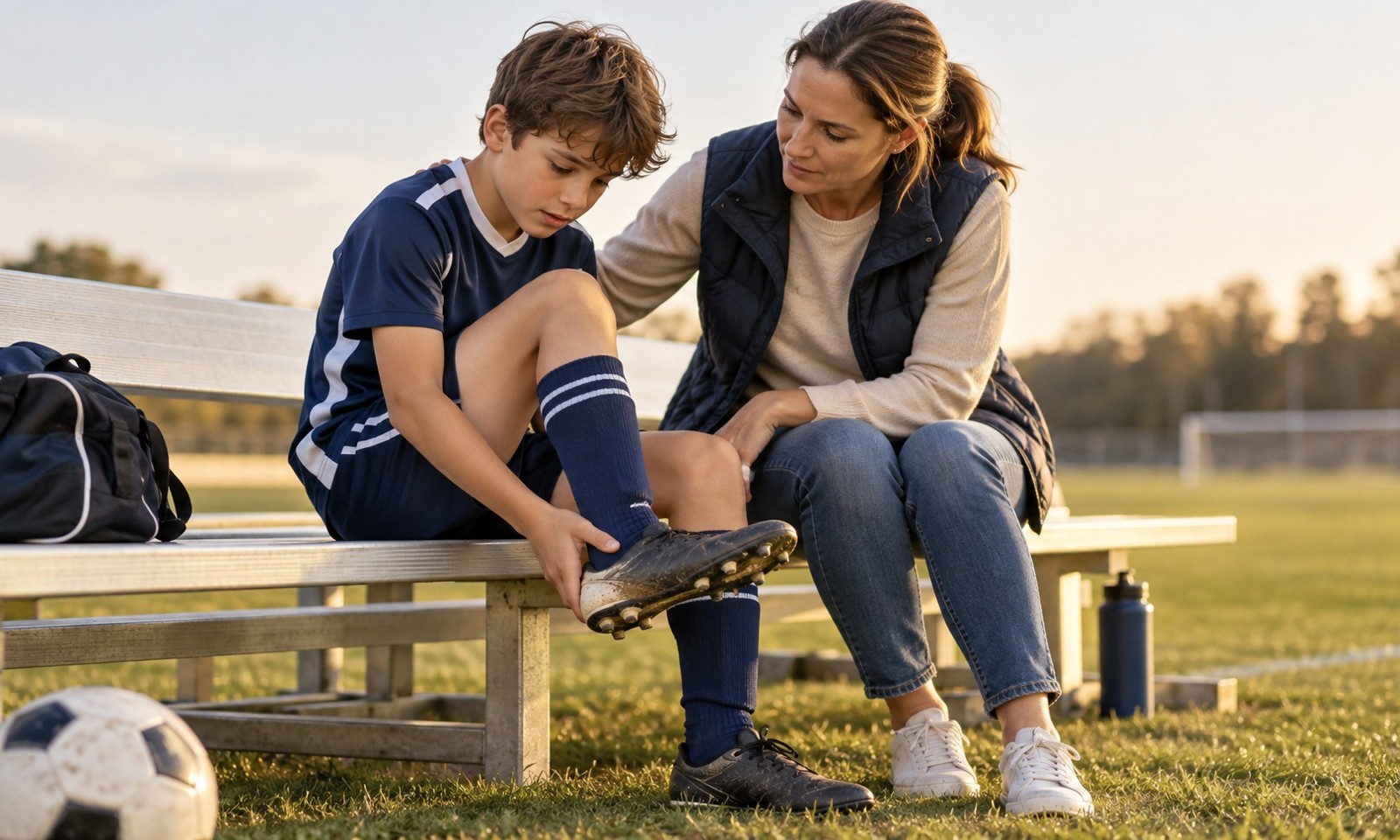 Illustrative image: A school-age child around eleven wearing ordinary football kit sits on a sports field bench with a parent nearby, gently holding the back of one heel after sport. Appropriate innocent family health illustration, no adult body proportions.
