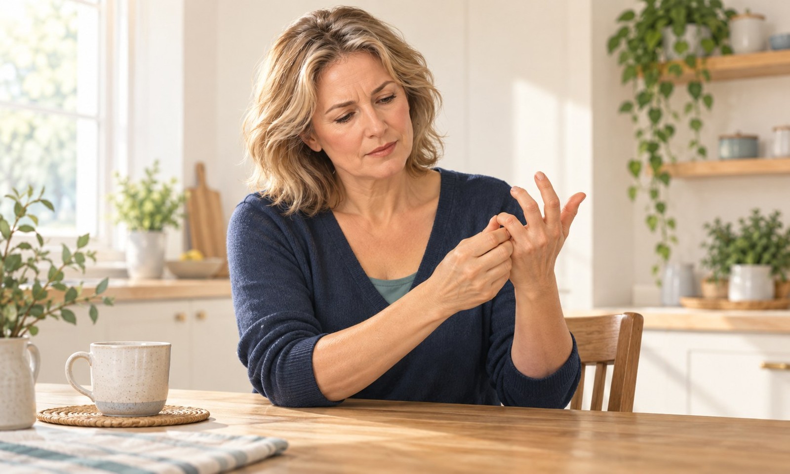 Woman supporting a bent finger at a kitchen table, illustrating finger catching or locking.