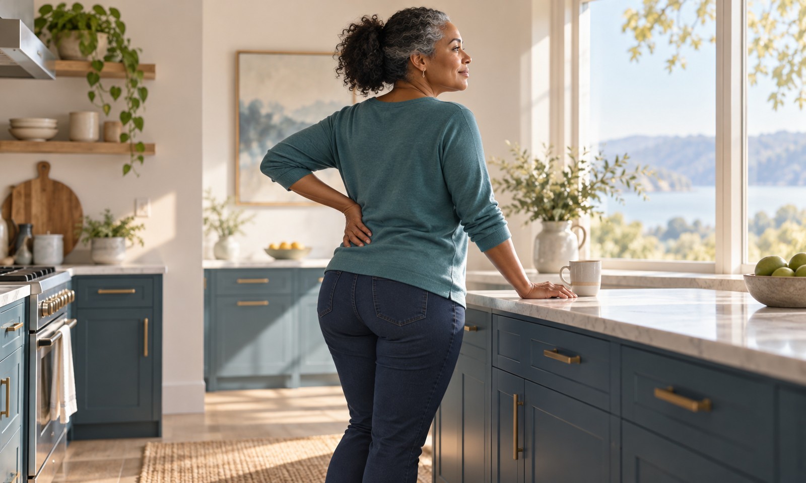 Woman pausing beside a kitchen counter with a hand on her lower back.