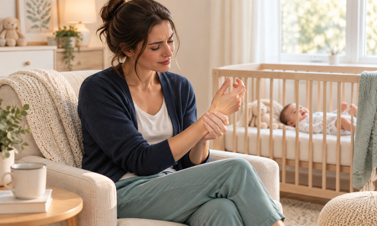 Parent supporting the thumb side of her wrist beside a baby’s cot.
