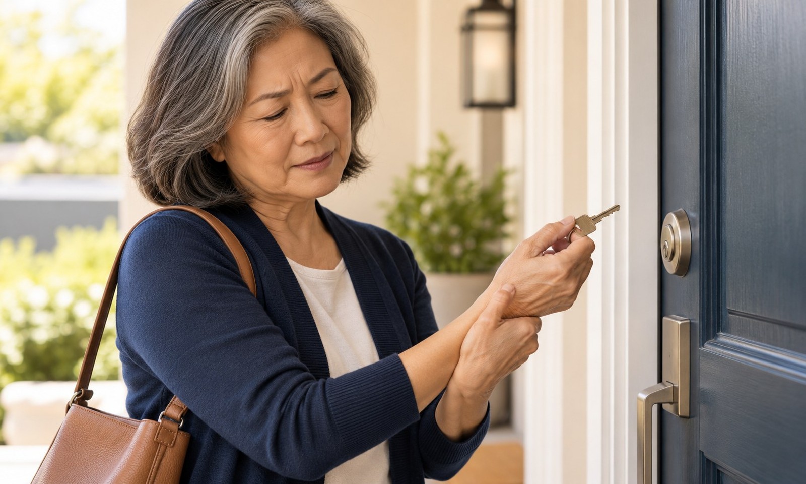 Woman supporting the base of her thumb while holding a key near a front door.