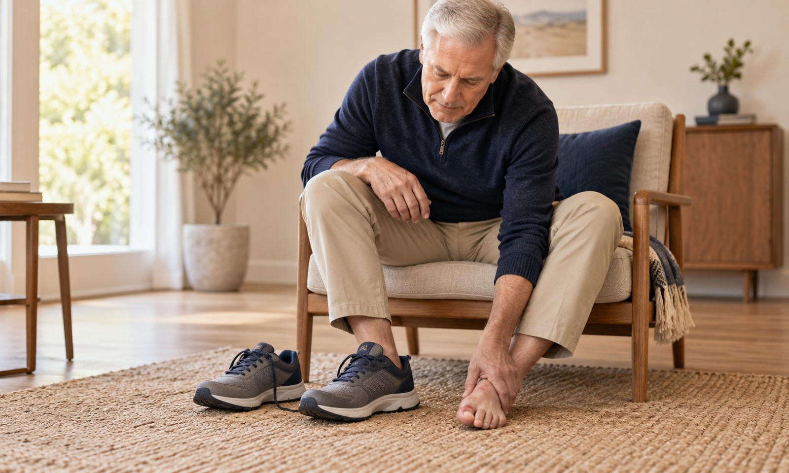 Illustrative image: An older man seated at home carefully tries a walking shoe beside his bare foot, with one hand gently supporting the base of his big toe to convey big toe joint stiffness. No external swollen bunion.