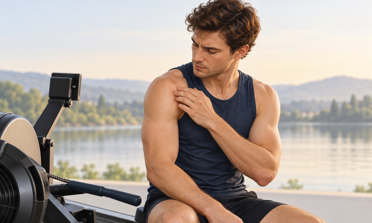 Illustration of a rower touching the front of his shoulder after exercise.