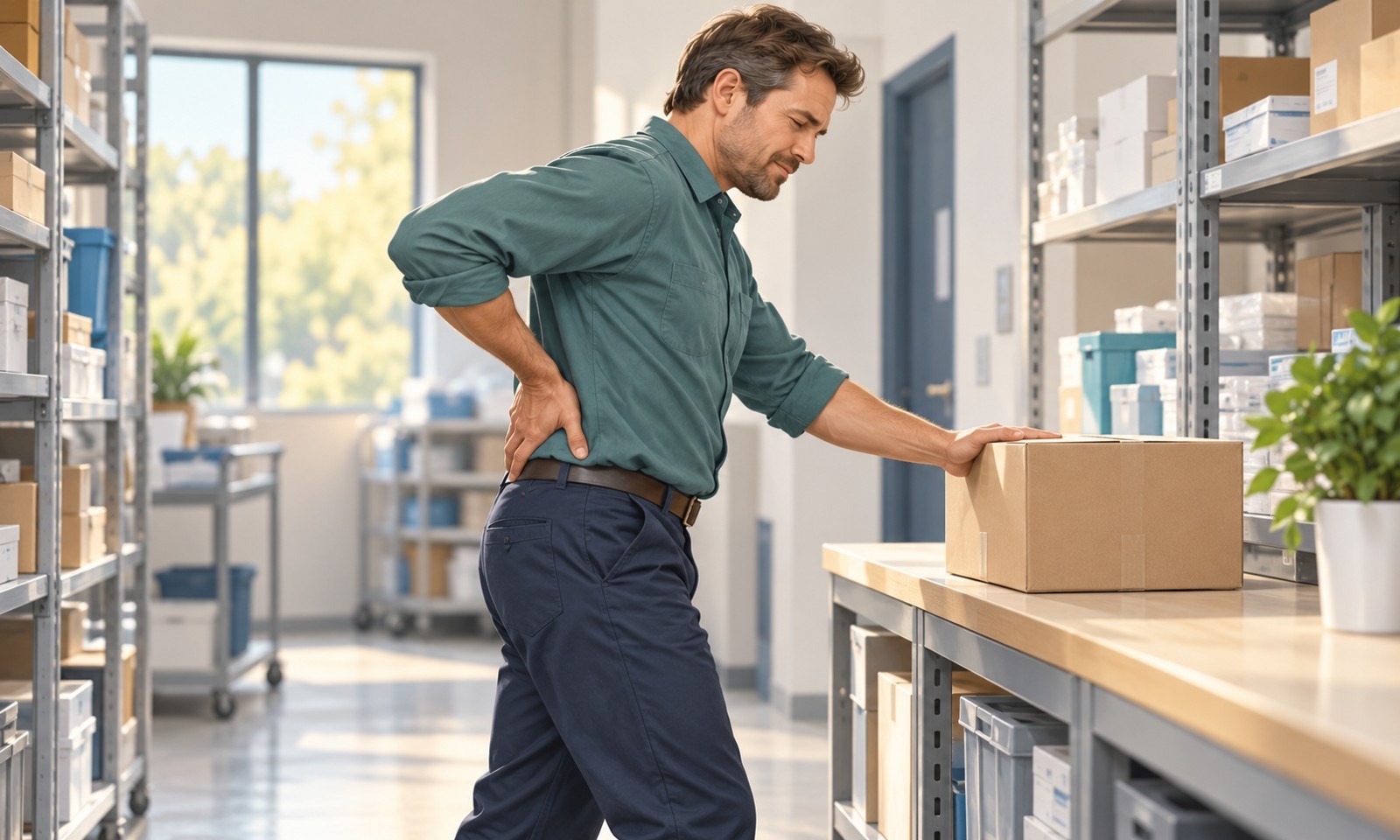 Man resting a hand on his lower back after placing a box on a counter.