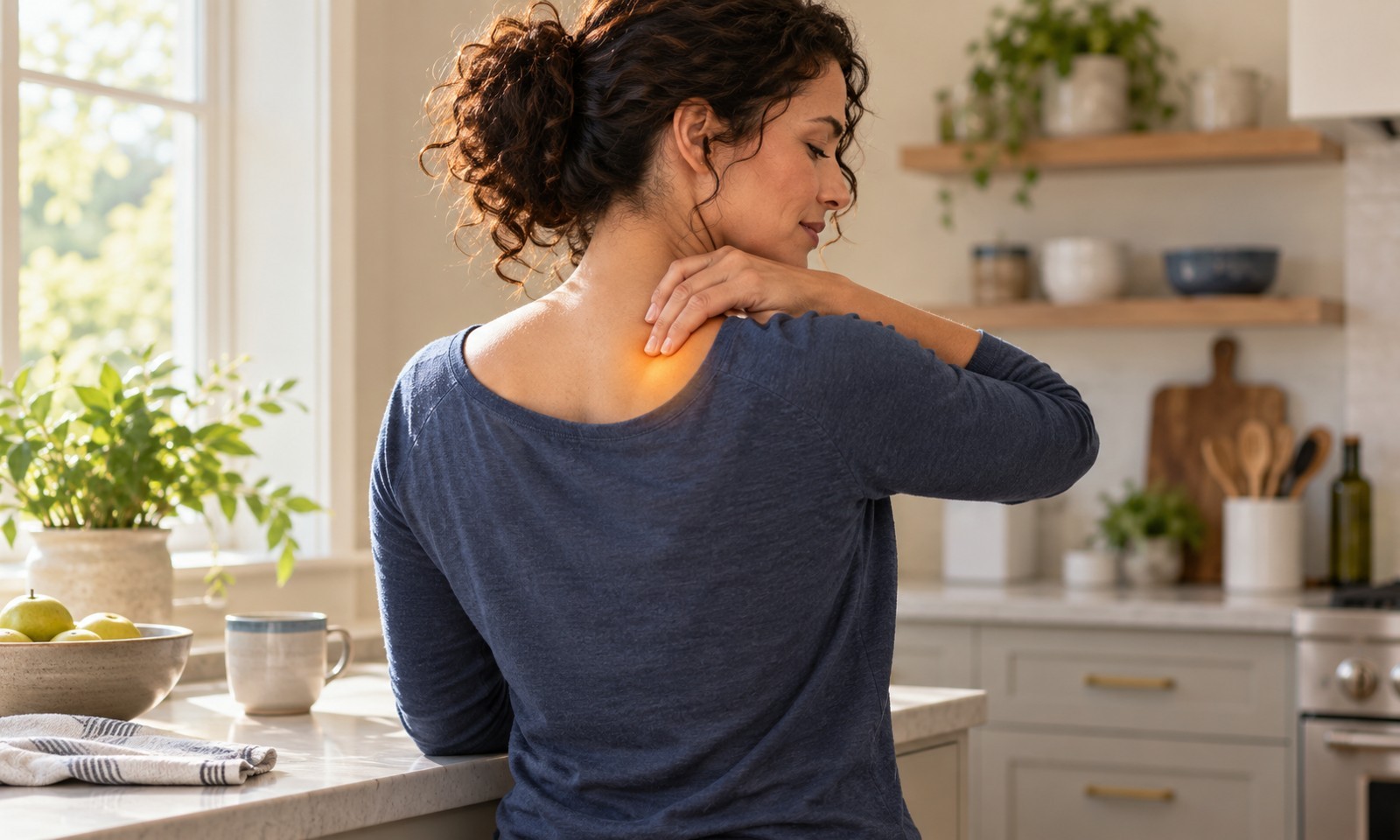 Illustration of a woman touching the upper inner shoulder-blade area where the levator scapulae may feel sore.