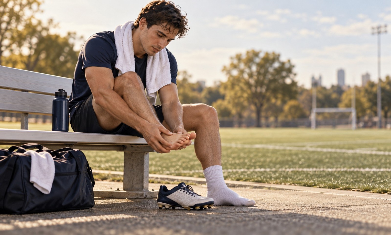 Illustrative image: A young adult recreational football player sits on a bench beside an outdoor football pitch, one shoe removed, gently supporting the base of their big toe after a game. The affected forefoot is clearly visible.