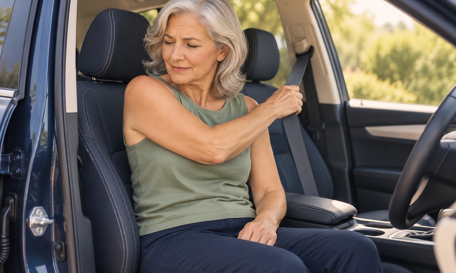 Illustration of an older woman reaching across her body for a seatbelt in a parked car.