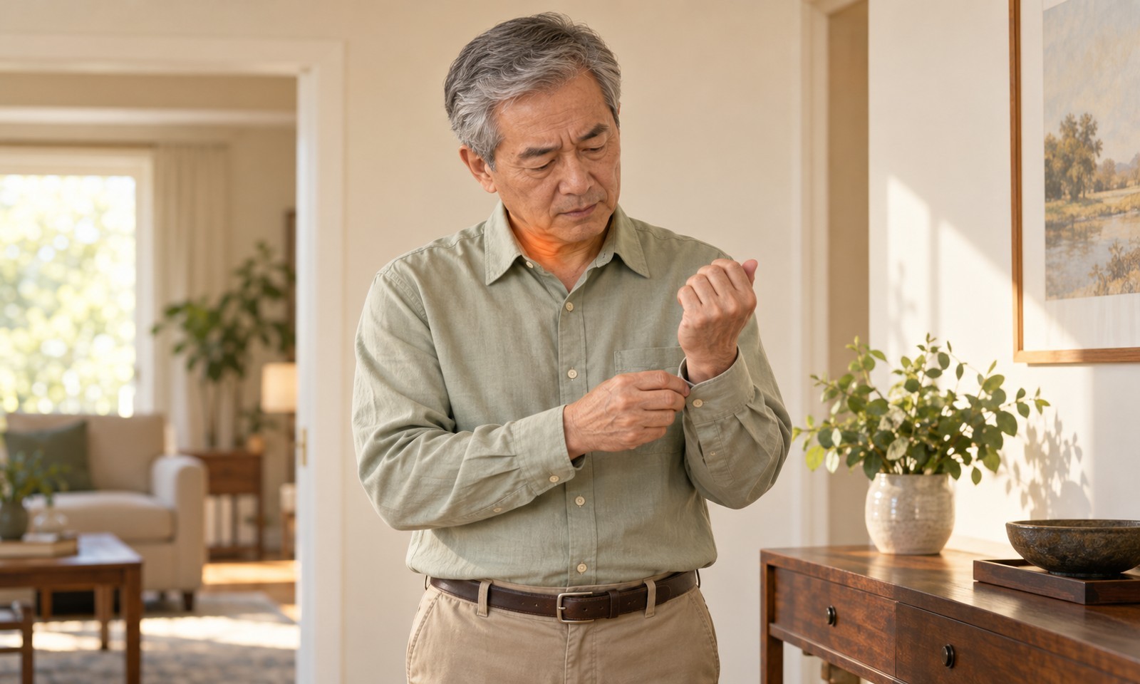 Illustration of an older man concentrating on a shirt cuff, representing hand dexterity concerns alongside neck symptoms.