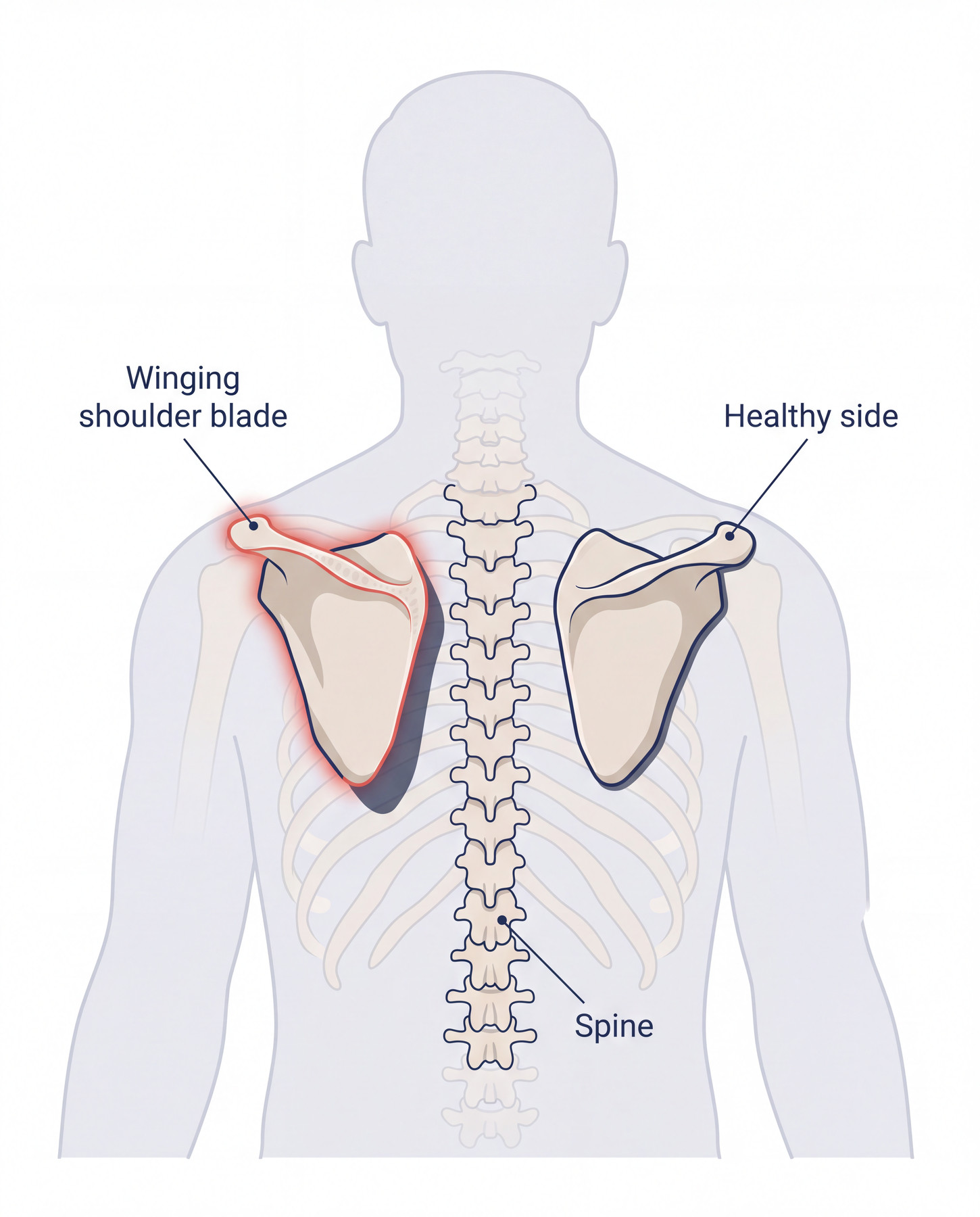 Diagram comparing a prominent winging shoulder blade with the opposite shoulder blade.