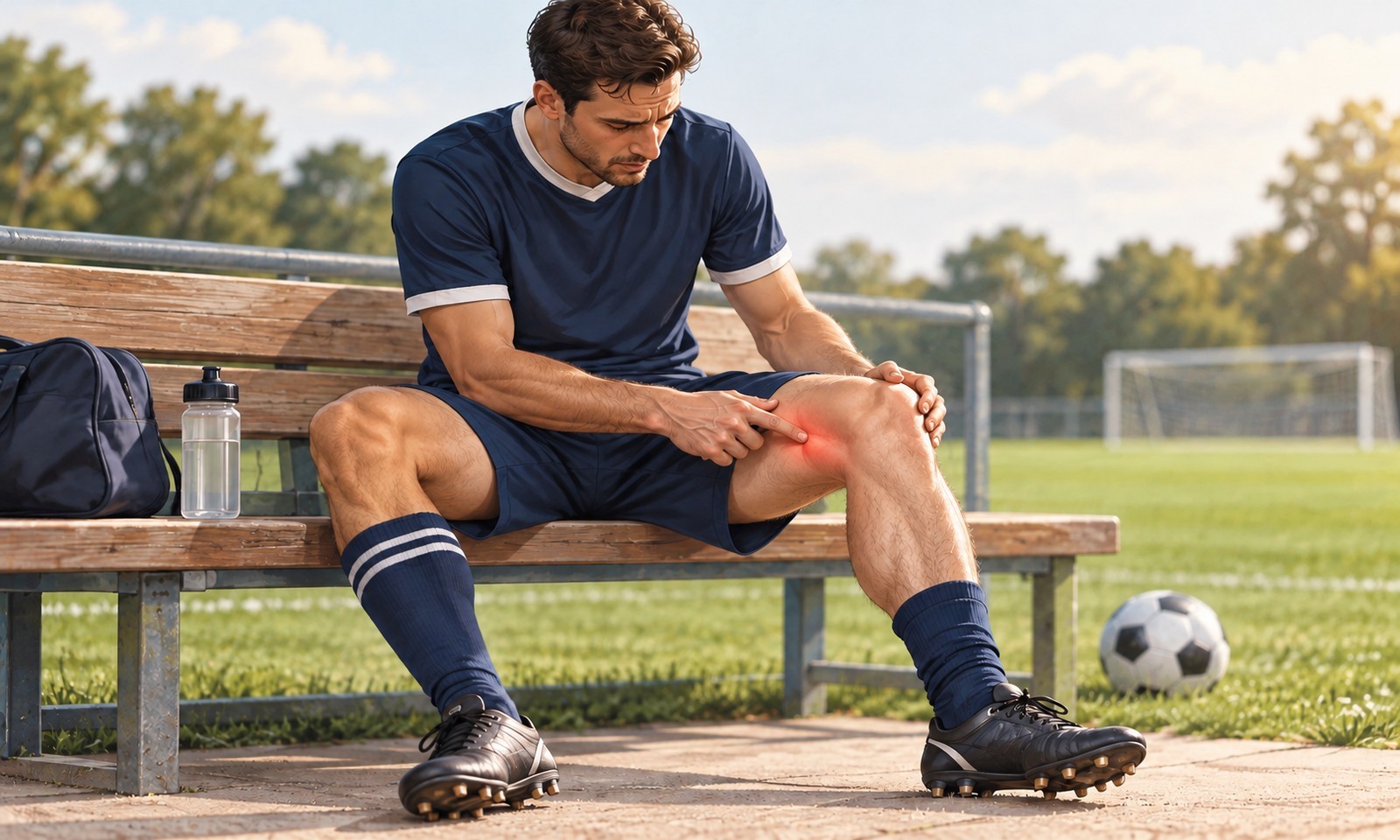 Illustration of a footballer pointing to the inner side of his knee while seated.