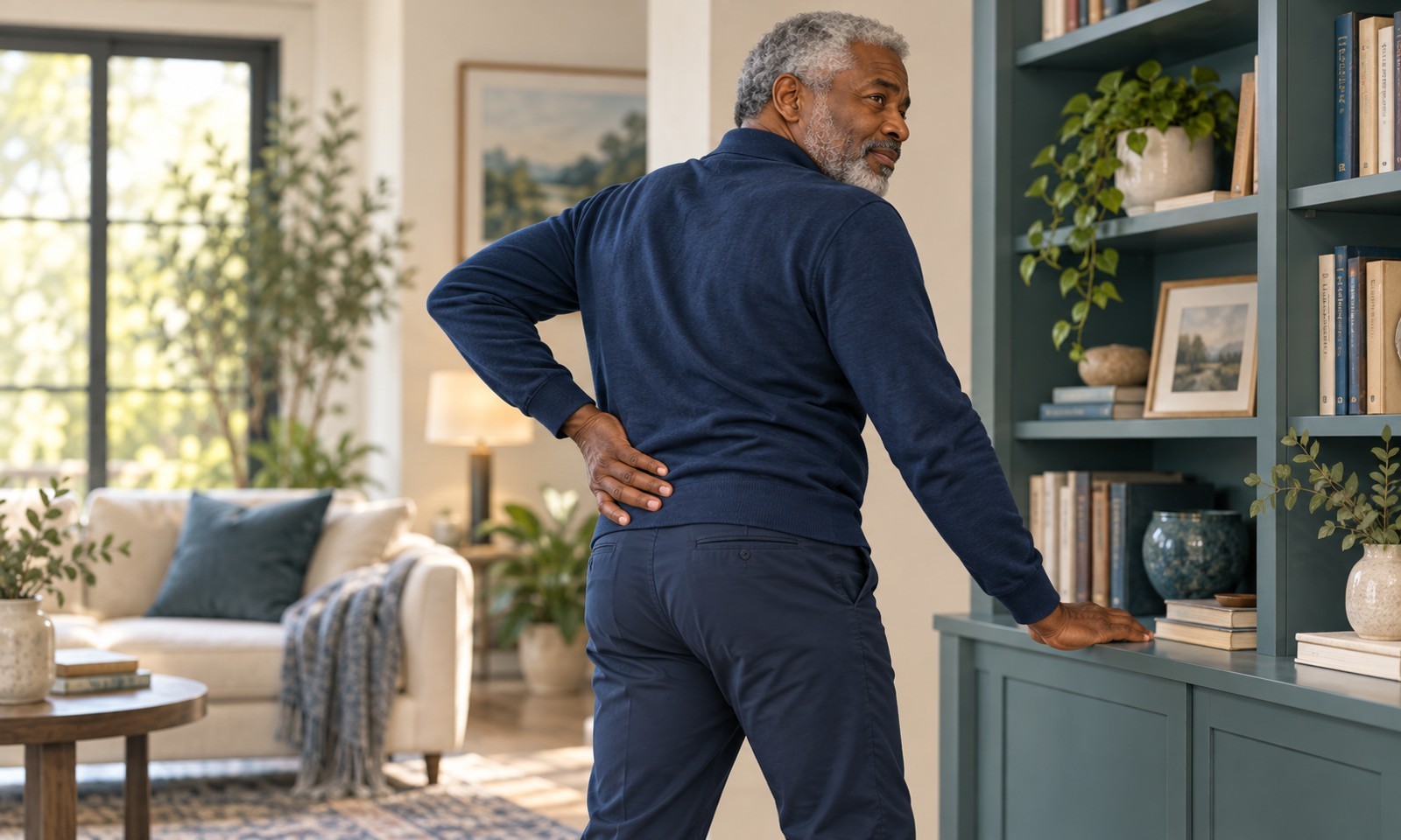 Man turning beside a bookshelf with one hand over a local area of lower-back discomfort.
