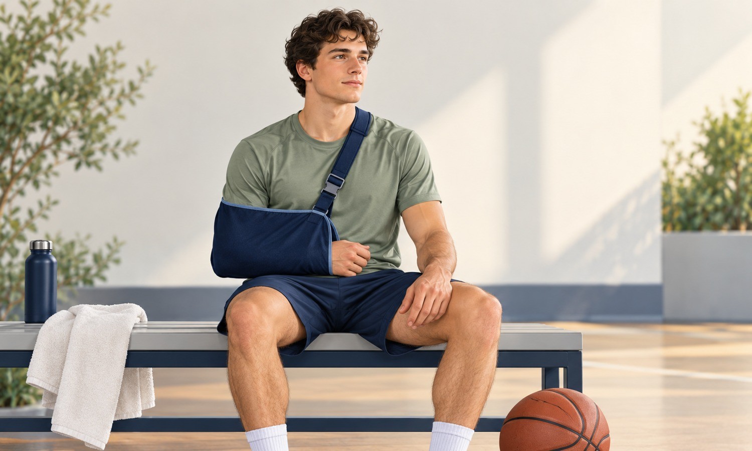 Illustration of a basketball player with his arm supported in a sling after a shoulder injury.