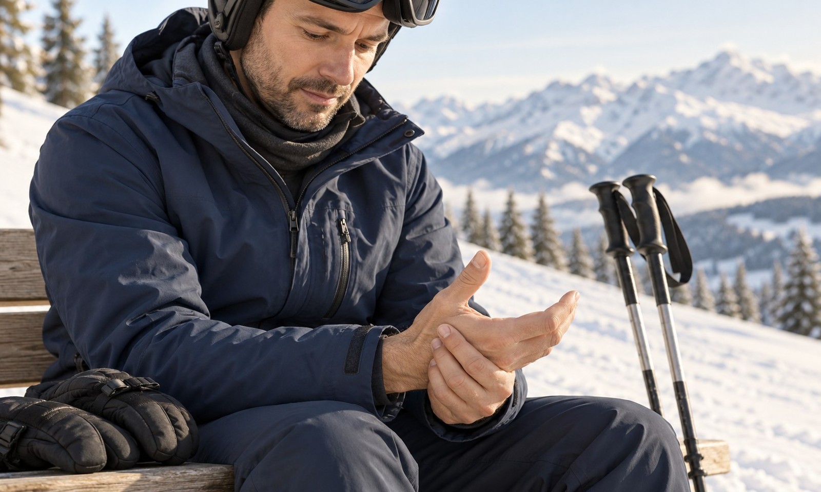 Skier supporting the base of a thumb beside ski poles.
