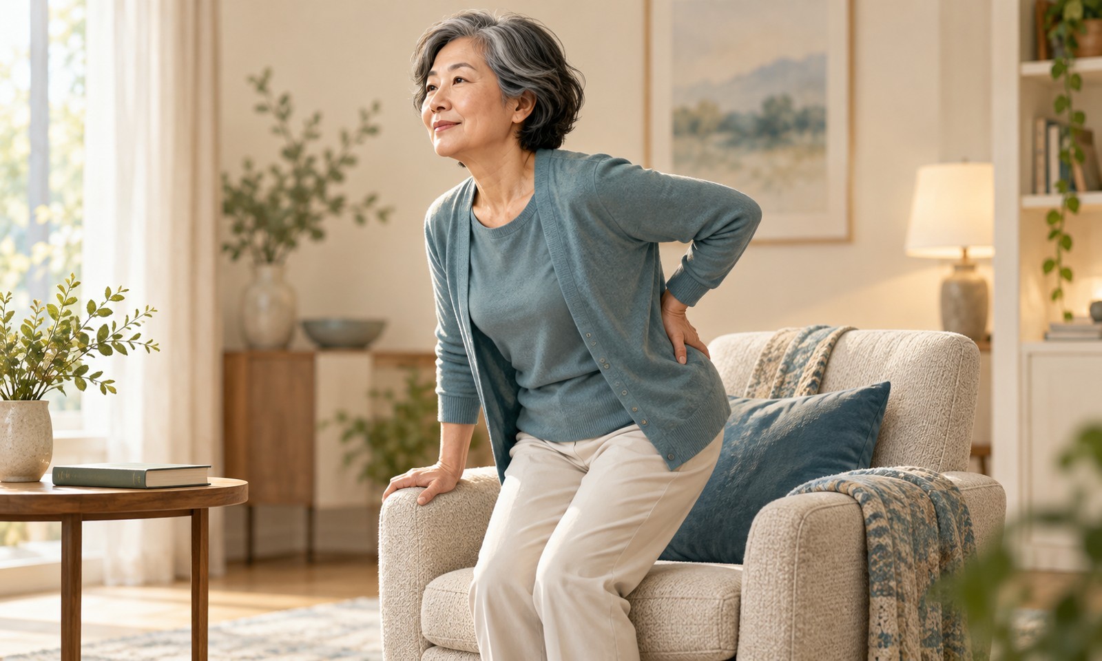 Older woman carefully rising from a chair with a hand near her lower back.