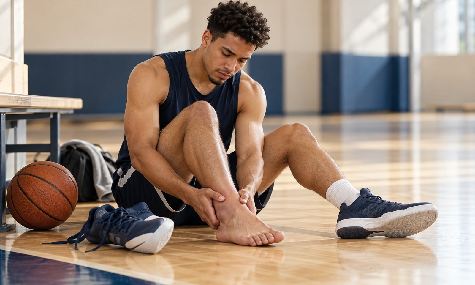 Illustrative image: A young adult basketball player sits safely beside an indoor court after twisting an ankle, one shoe removed and the ankle mildly swollen, holding the outer ankle. No extreme deformation, no graphic injury.