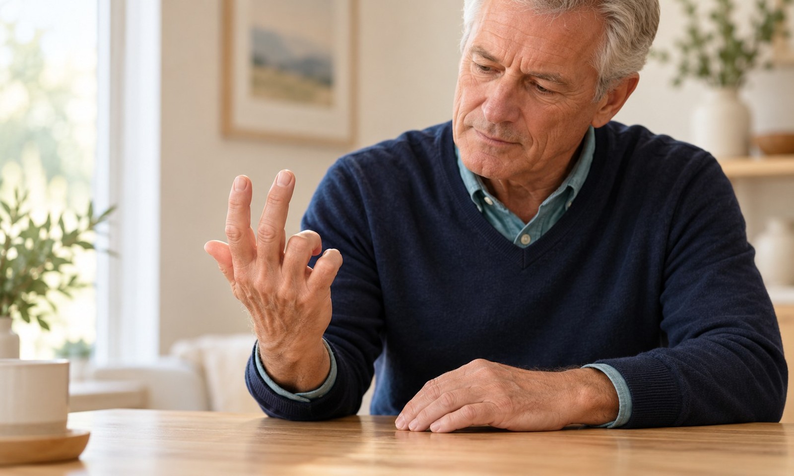 Older man examining his palm with fingers bent towards it, illustrating Dupuytren’s contracture.