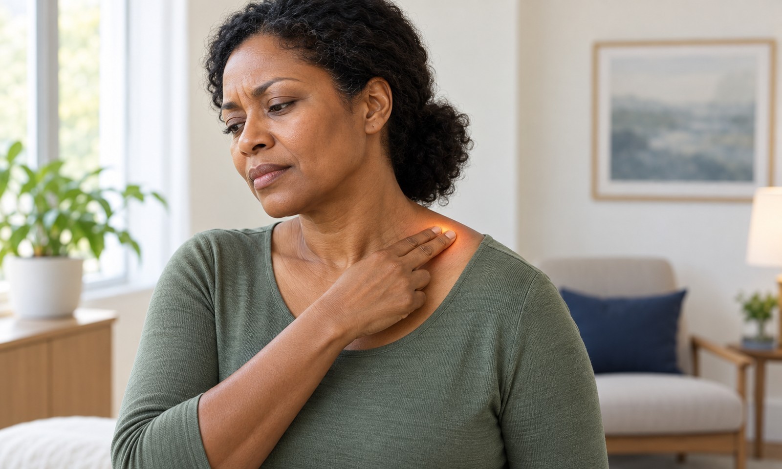 Illustration of a woman gently pressing a localised tender point between her neck and shoulder.