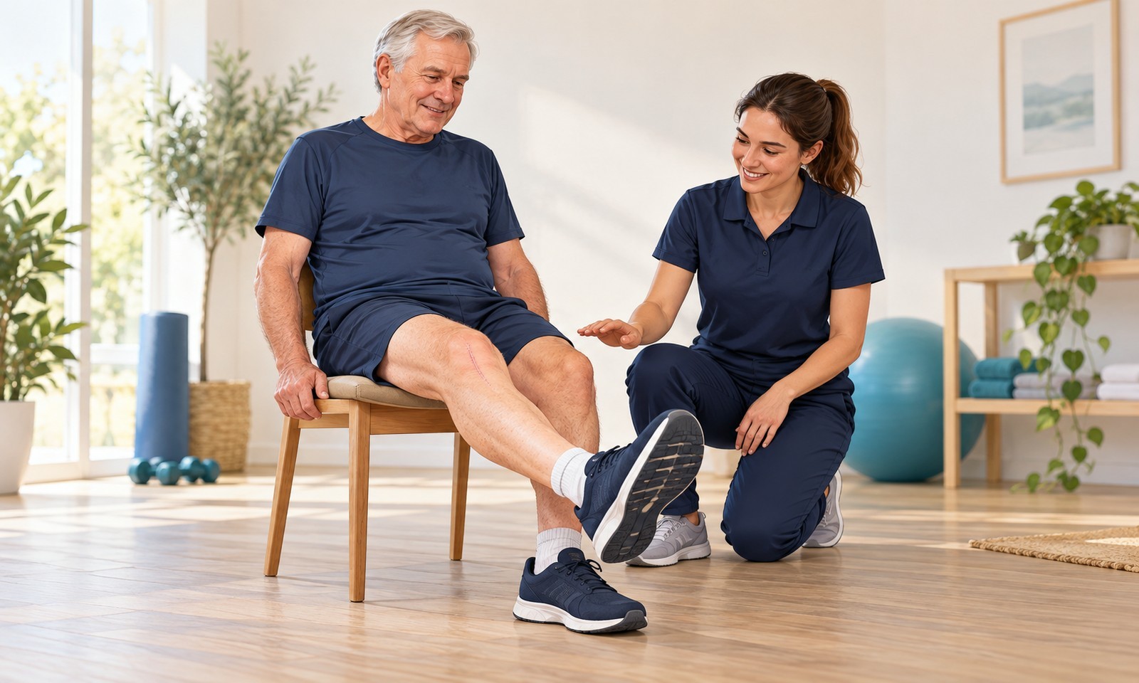 Illustration of an older man practising knee extension with a physiotherapist after knee replacement.