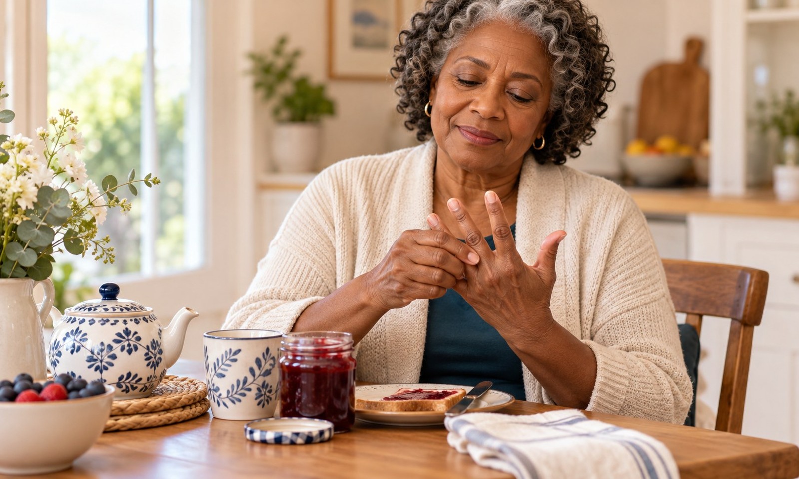 Older woman rubbing a finger joint while seated at a breakfast table.
