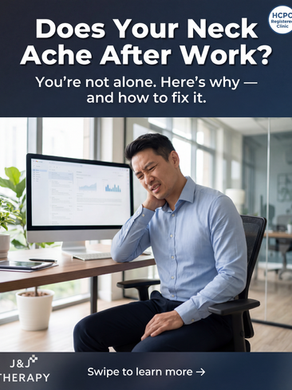 Office worker holding neck in pain at desk with computer screen showing forward head posture