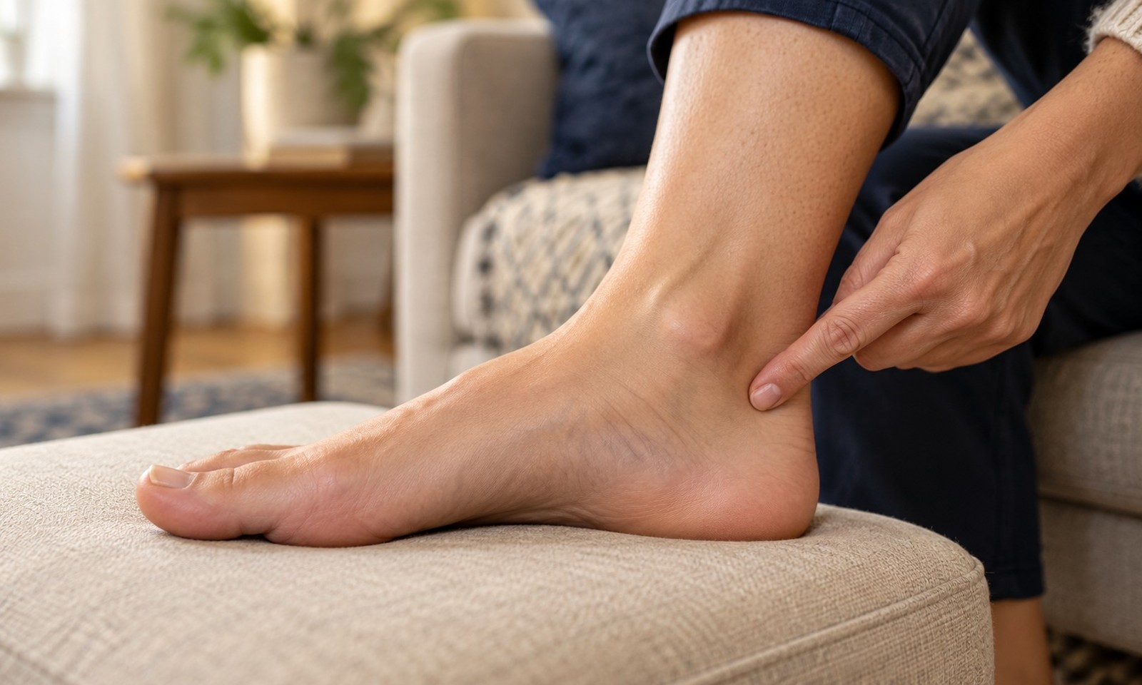 Illustrative image of an adult pointing behind the inner ankle bone, with the big-toe side and medial arch clearly visible.