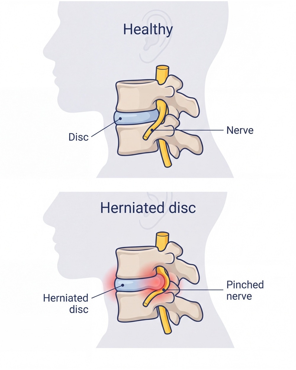 Simplified comparison showing a cervical disc and an example of disc herniation.