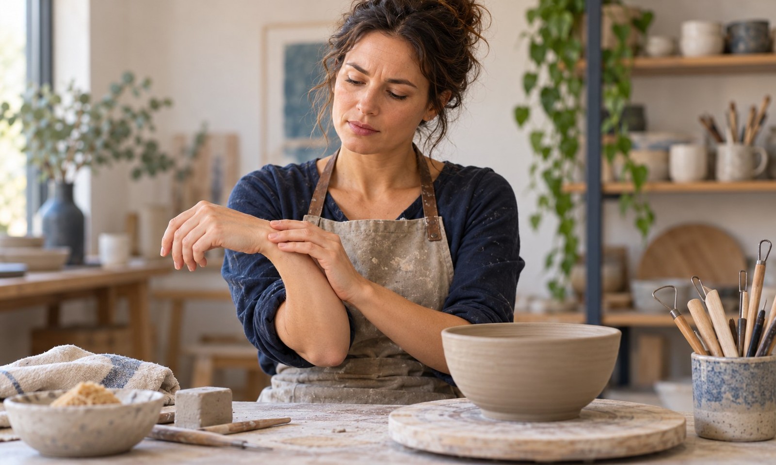 Pottery artist touching the back of her wrist beside clay and pottery tools.