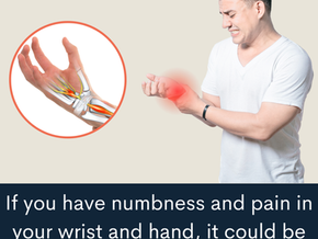 Man gripping a painful wrist; inset shows inflamed tendons and compressed median nerve inside the carpal tunnel.