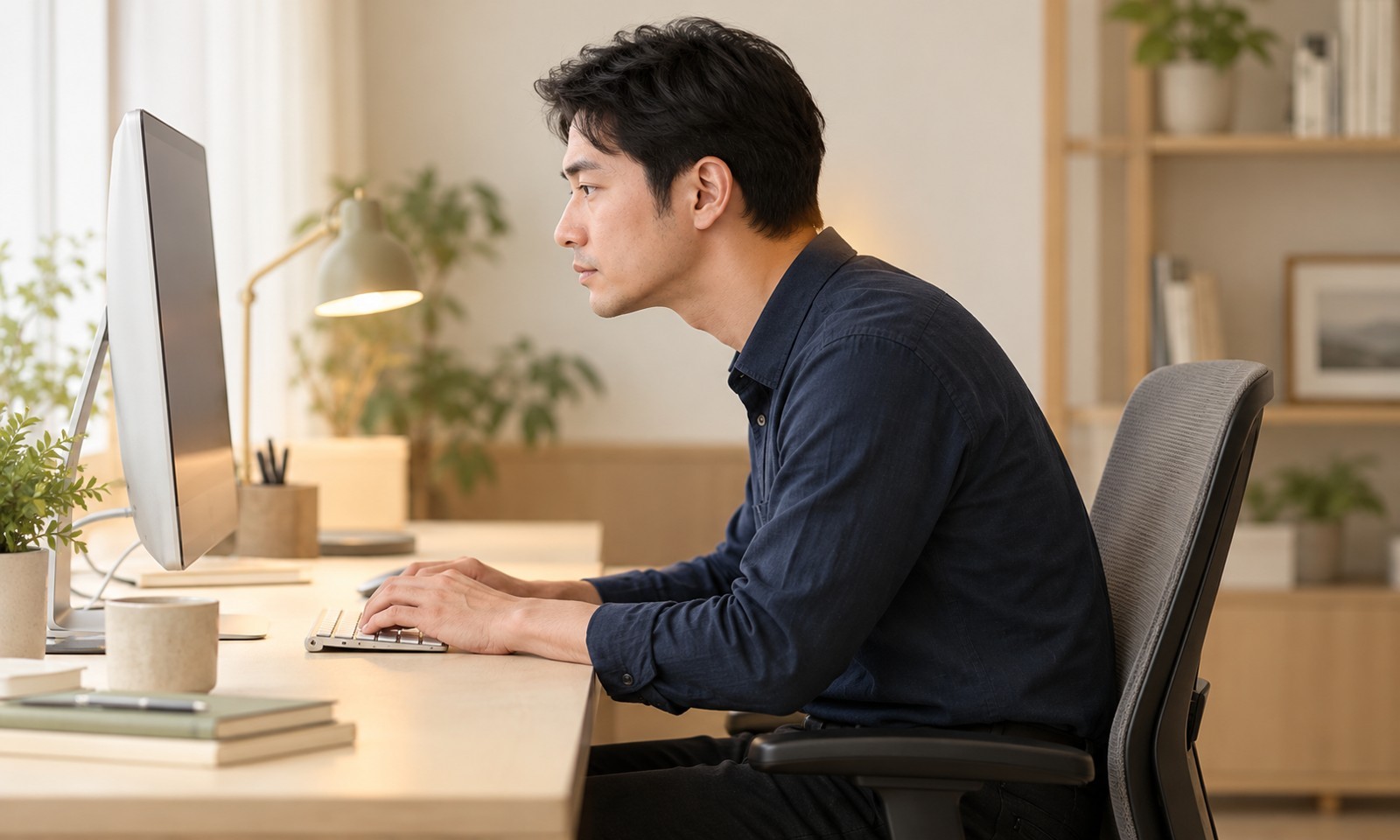 Illustration of a computer user in side view with a forward head and rounded upper shoulders.