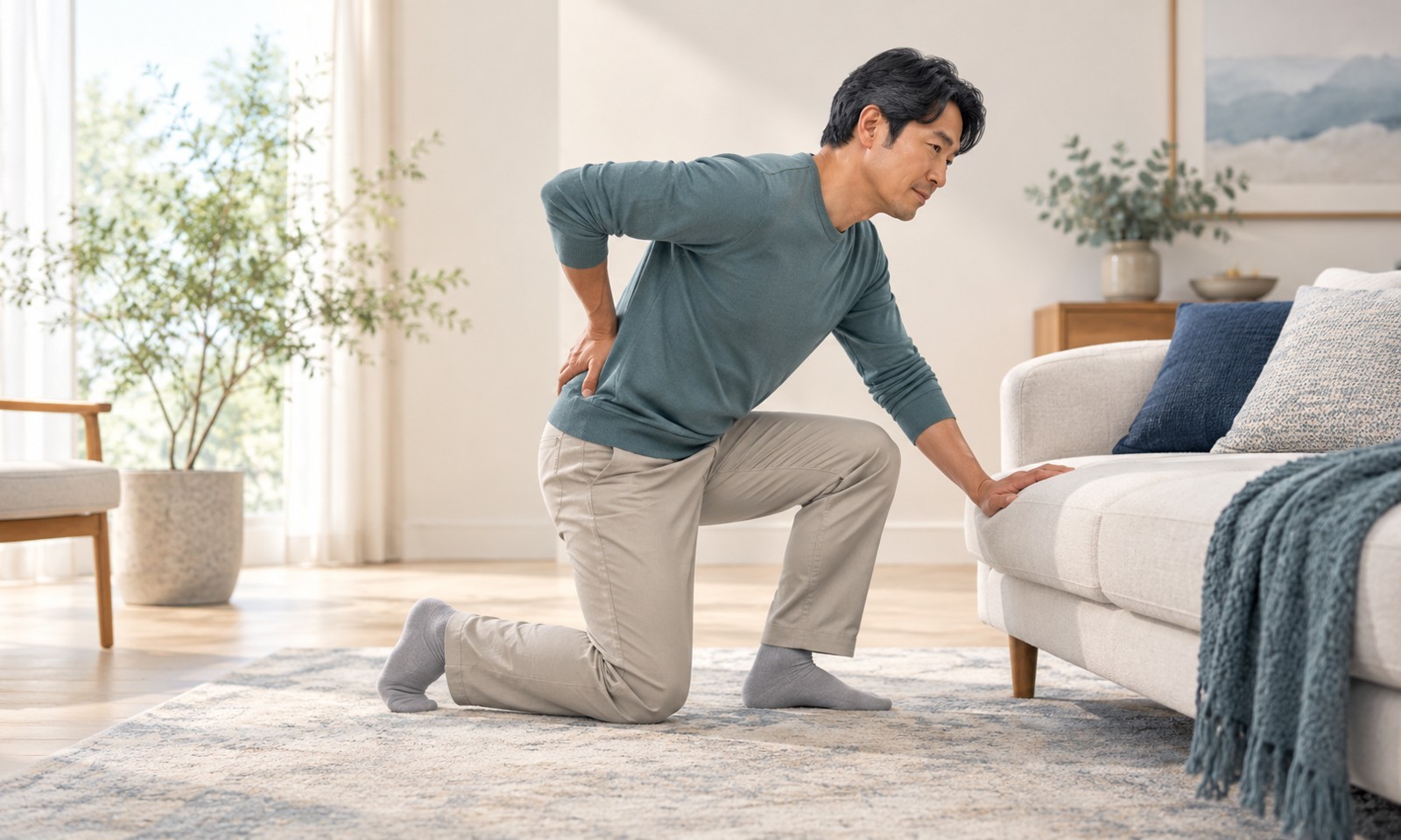 Man moving carefully from kneeling towards standing with sofa support and a hand over his lower back.